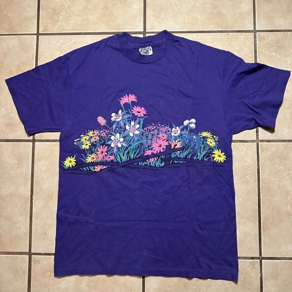 Vintage 90s Lifestyle Flower Garden Purple AOP T-Shirt Mens Sz L Hanes Beefy Tag